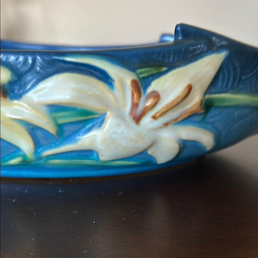 Roseville USA 475-12” Blue Zephyr Lily (yellow) Ceramic Art Bowl Vintage - Picture 9 of 14